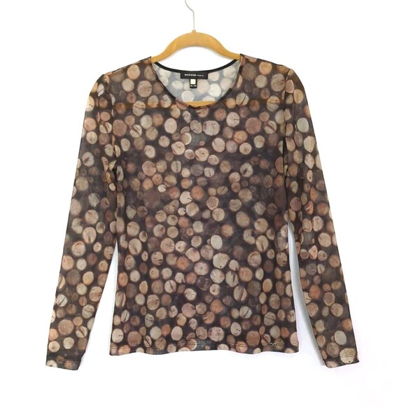 Waggon Paris Y2K Long Sleeve Sheer Top Bokeh Sz 42 US Medium 90s Retro Brown EUC - Picture 2 of 11